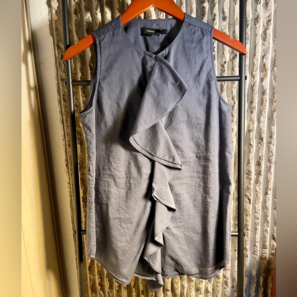 Theory Jastrid Lawn Ruffled Cotton Top in Steel Grey/Blue - Women’s Small - Picture 3 of 10